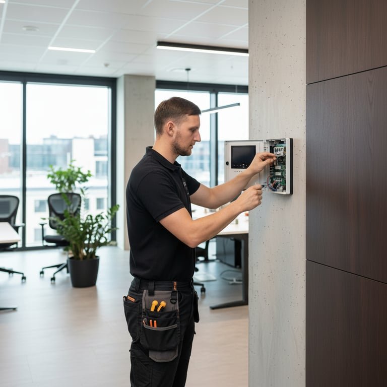 Intruder alarm control panel being installed by FIDEC engineer